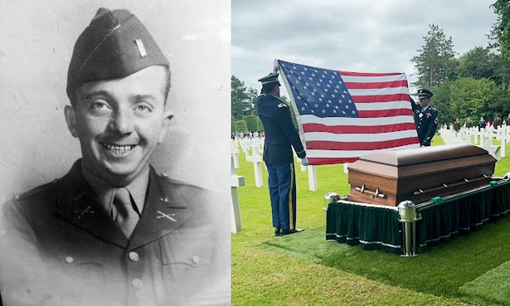 On the left, a black and white portrait of a smiling American soldier in uniform. On the right, two officers begin ceremonially folding an American flag while standing next to a wooden coffin.