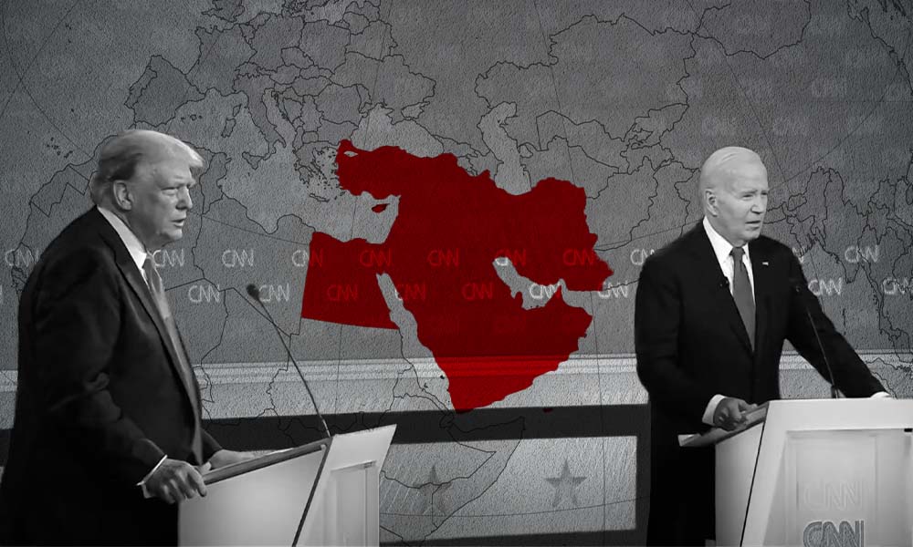 Illustraive. Donald Trump and Joe Biden stand on the CNN Debate stage. A map of the Middle East is between them.