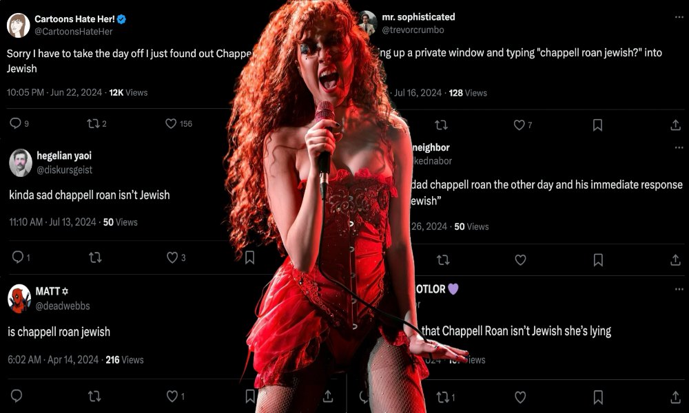 Chappell Roan in a red dress, with red hair, over tweets