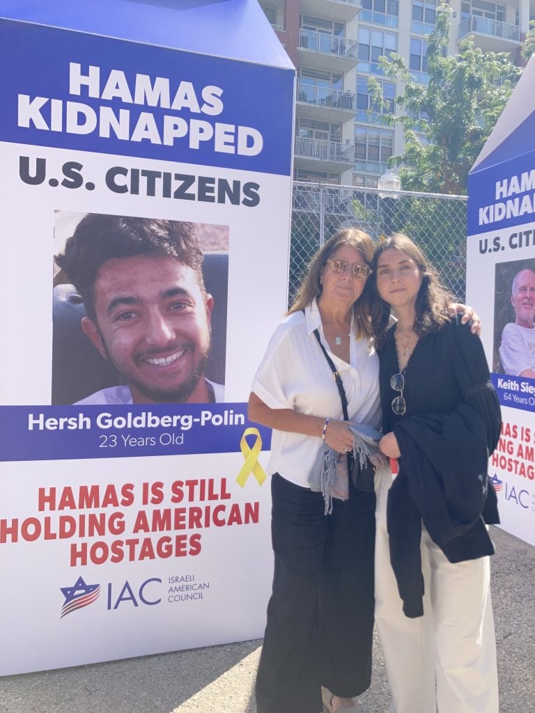 Abby Polin (L), aunt of hostage Hersh Goldberg-Polin, and her daughter Emily Reisler (R) at “Hostage Square Chicago.”