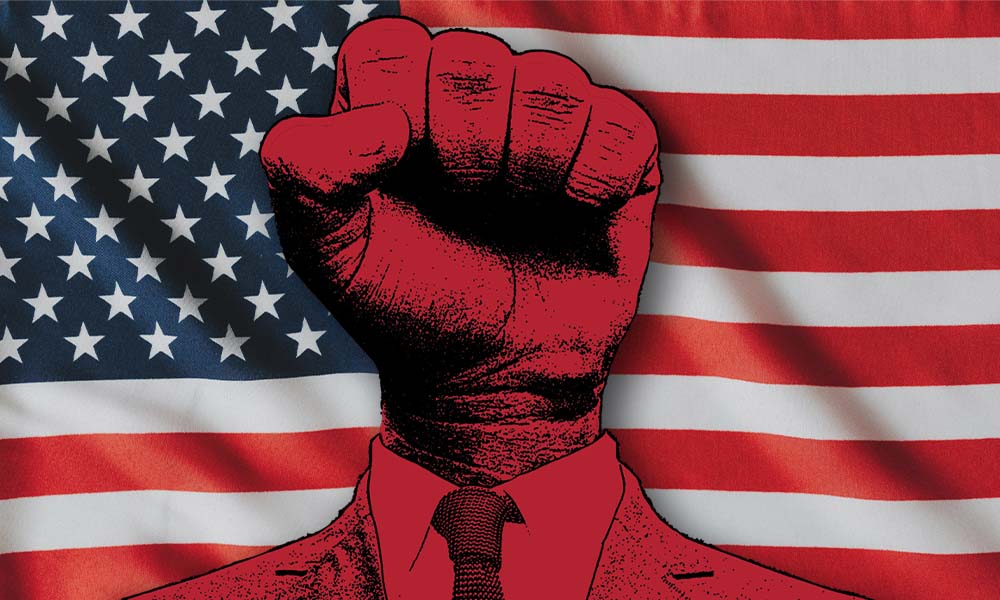 red clenched fist in front of American flag