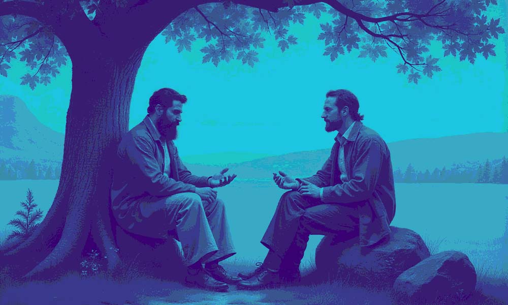 A Zionist and anti-Zionist in dialogue seated under a tree