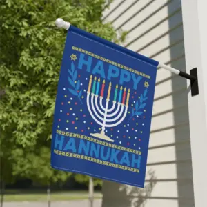 what is hanukkah? Flag that says "Happy Hanukkah" hanging from a house, menorah in the center.