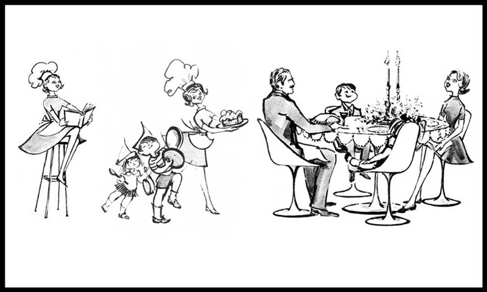 An illustration of a woman reading a cookbook, a woman surrounded by children serving a platter, and a family eating a meal together